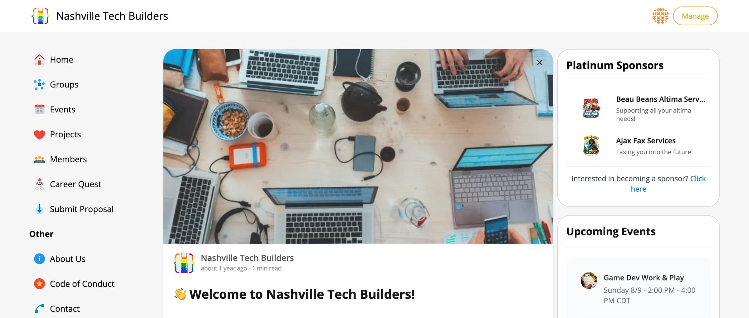 A Lucoly community home page: welcome post, platinum sponsors, and the next few upcoming events in one view.